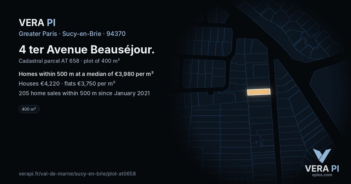 4 ter Avenue Beauséjour, Sucy-en-Brie at night – the plot lit, the parcels around coloured by the prices near them