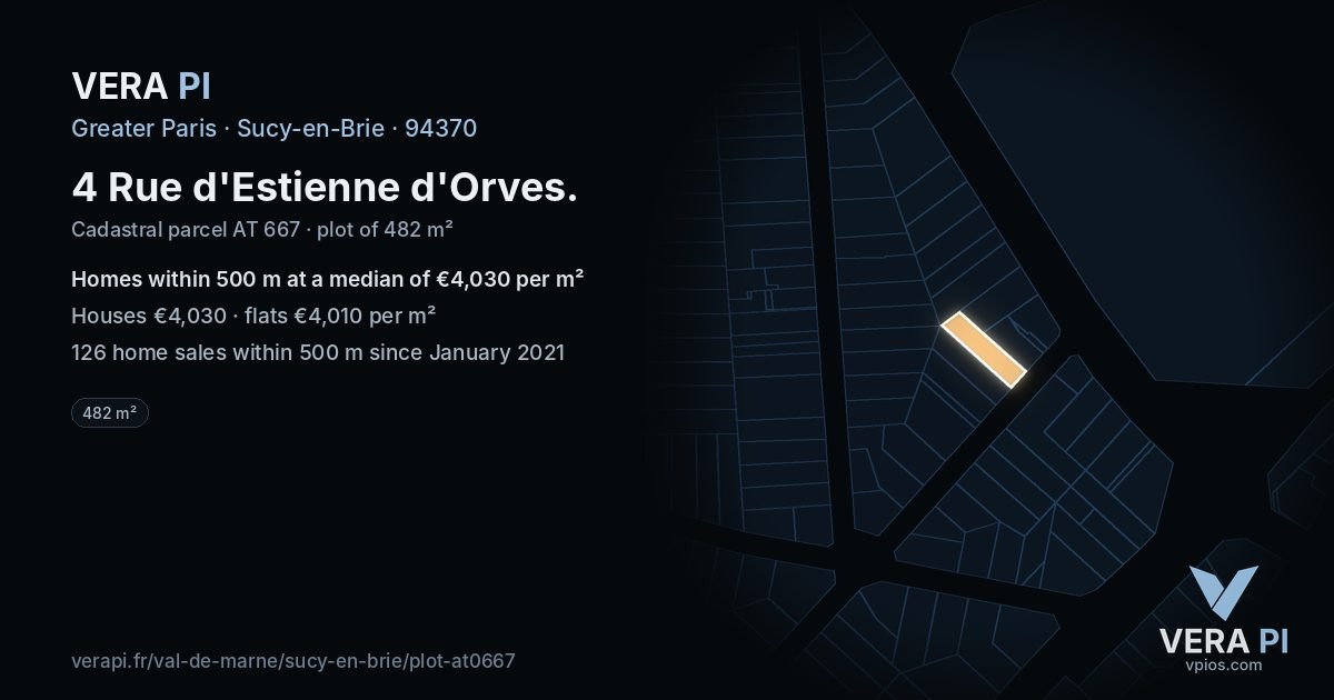 4 Rue d'Estienne d'Orves, Sucy-en-Brie at night – the plot lit, the parcels around coloured by the prices near them