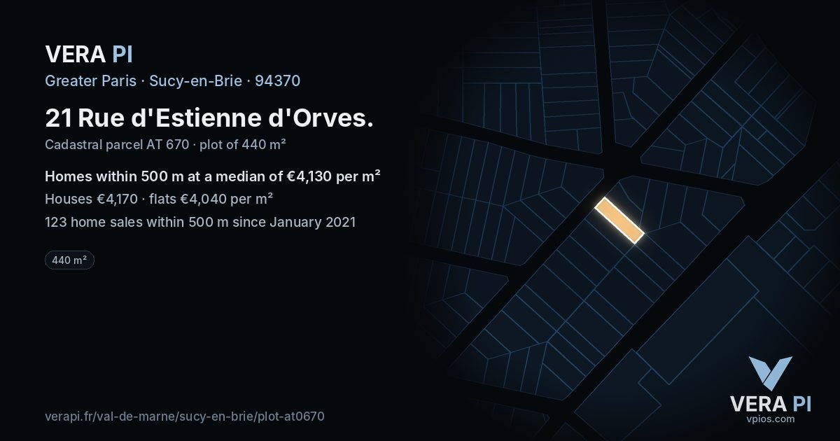 21 Rue d'Estienne d'Orves, Sucy-en-Brie at night – the plot lit, the parcels around coloured by the prices near them