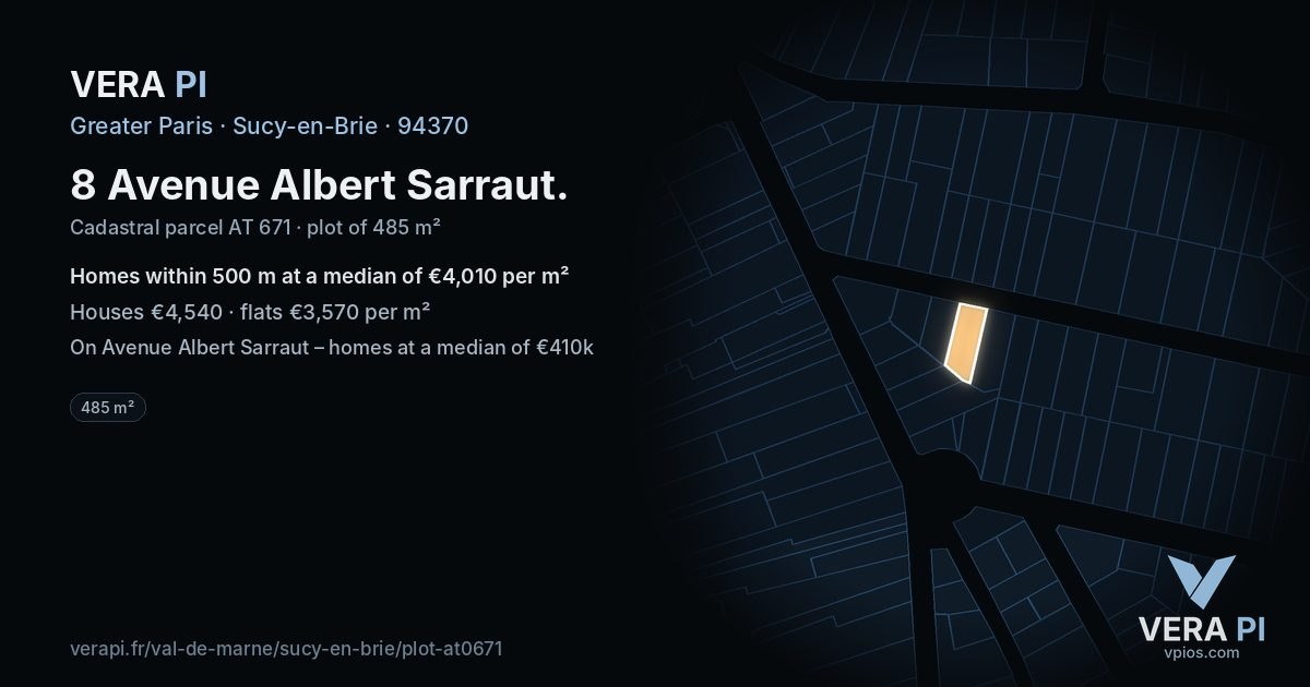 8 Avenue Albert Sarraut, Sucy-en-Brie at night – the plot lit, the parcels around coloured by the prices near them