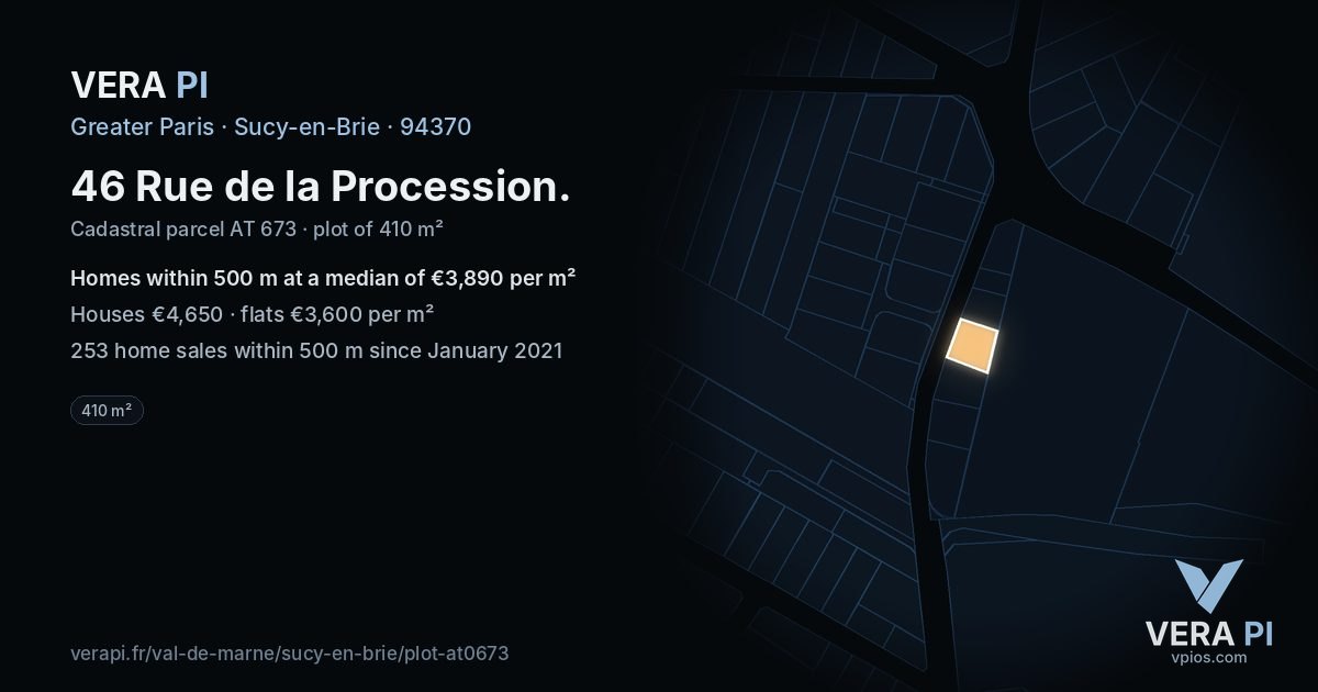 46 Rue de la Procession, Sucy-en-Brie at night – the plot lit, the parcels around coloured by the prices near them