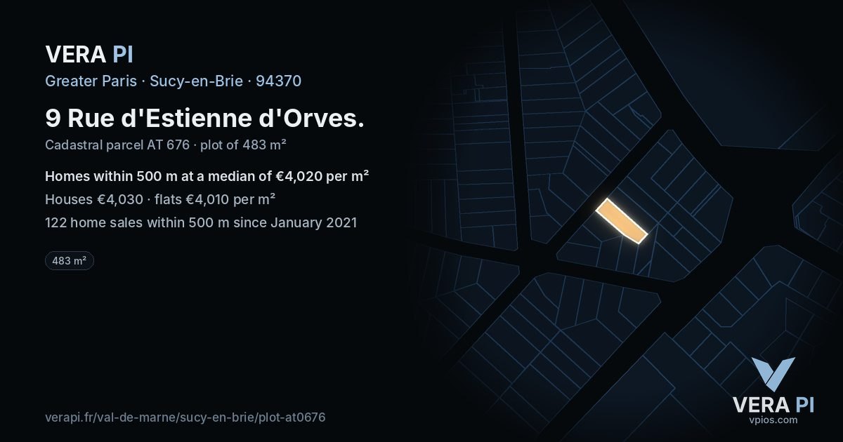 9 Rue d'Estienne d'Orves, Sucy-en-Brie at night – the plot lit, the parcels around coloured by the prices near them