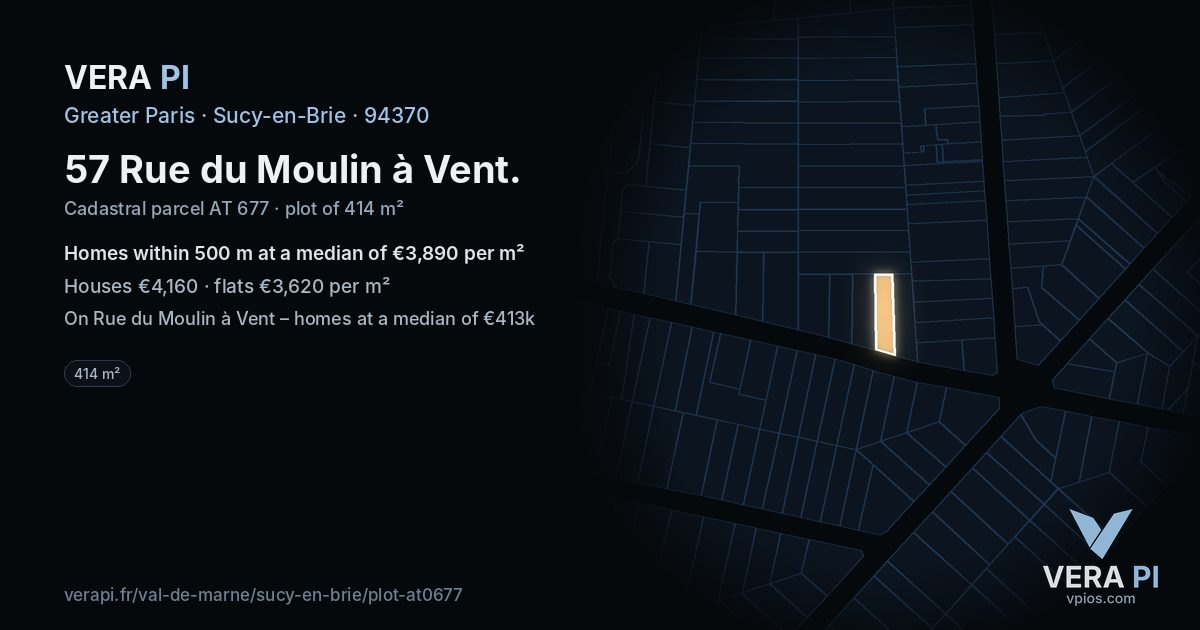 57 Rue du Moulin à Vent, Sucy-en-Brie at night – the plot lit, the parcels around coloured by the prices near them