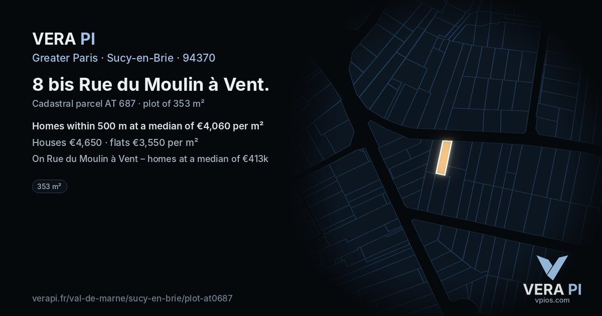 8 bis Rue du Moulin à Vent, Sucy-en-Brie at night – the plot lit, the parcels around coloured by the prices near them