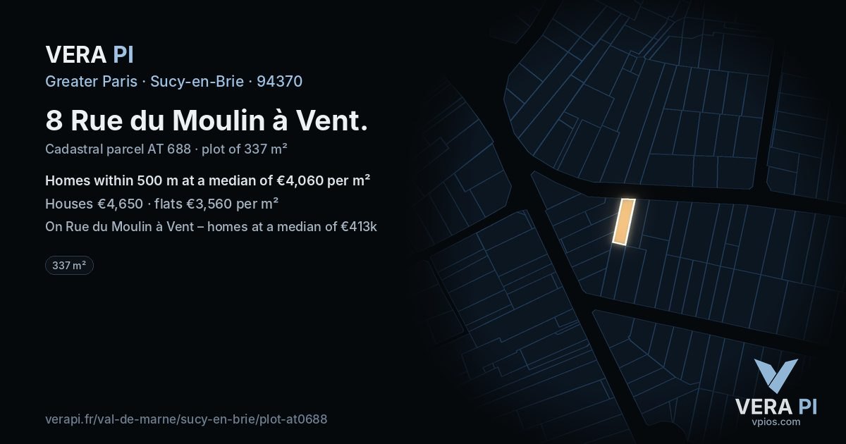 8 Rue du Moulin à Vent, Sucy-en-Brie at night – the plot lit, the parcels around coloured by the prices near them