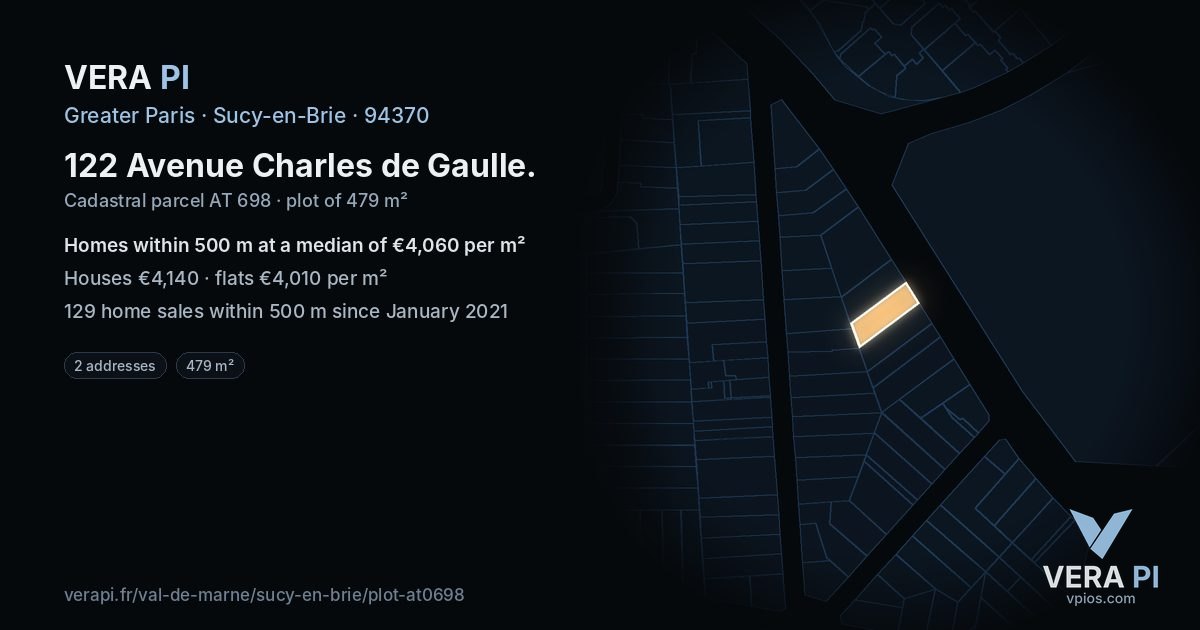 122 Avenue Charles de Gaulle, Sucy-en-Brie at night – the plot lit, the parcels around coloured by the prices near them