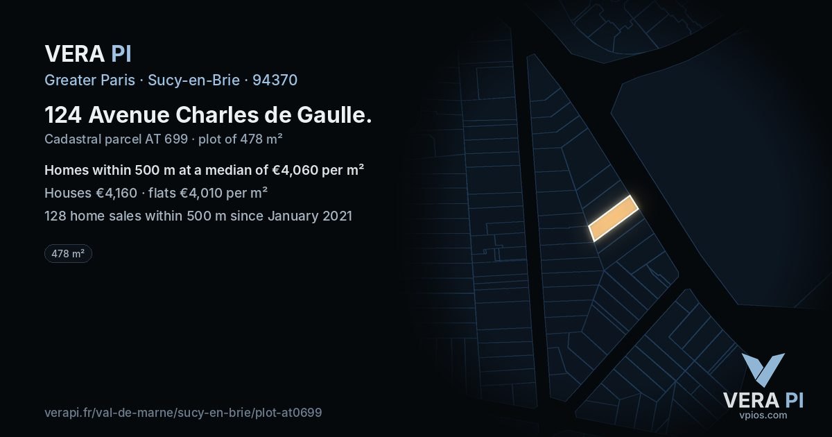 124 Avenue Charles de Gaulle, Sucy-en-Brie at night – the plot lit, the parcels around coloured by the prices near them