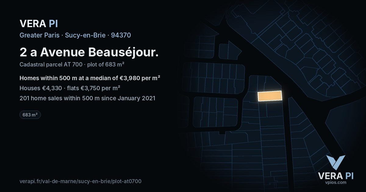 2 a Avenue Beauséjour, Sucy-en-Brie at night – the plot lit, the parcels around coloured by the prices near them