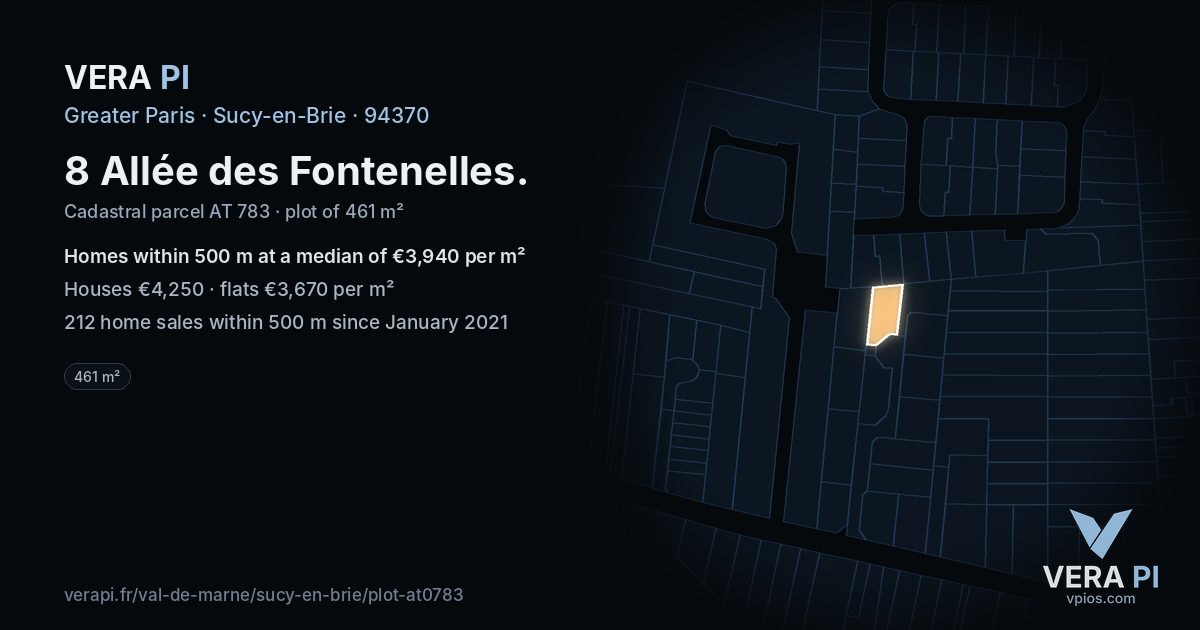 8 Allée des Fontenelles, Sucy-en-Brie at night – the plot lit, the parcels around coloured by the prices near them