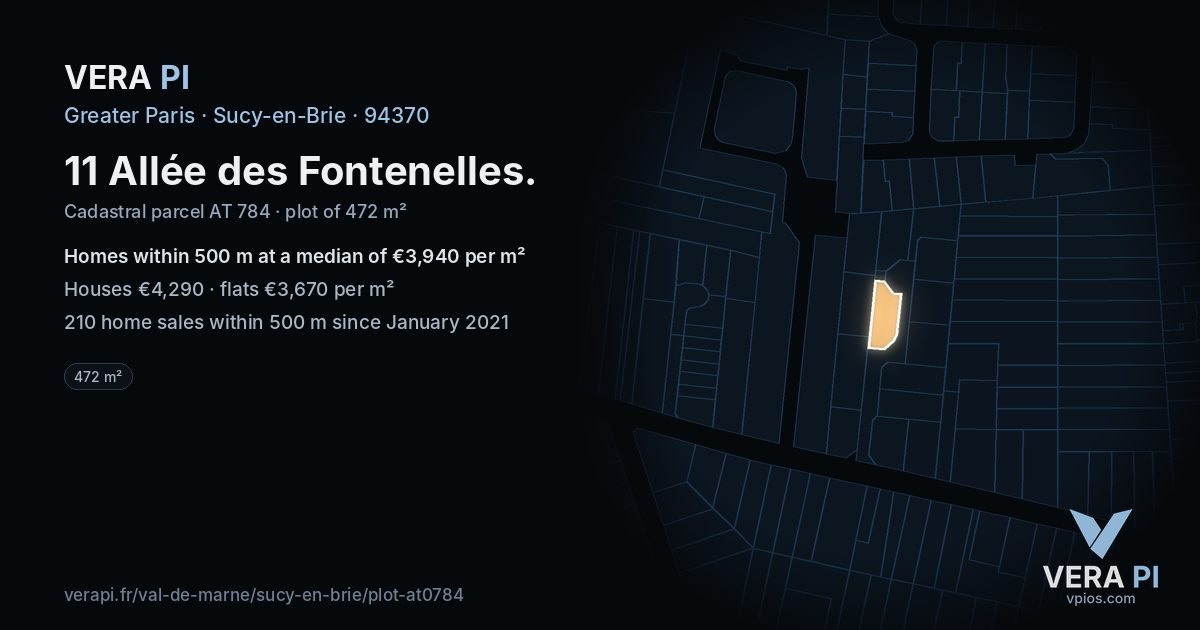 11 Allée des Fontenelles, Sucy-en-Brie at night – the plot lit, the parcels around coloured by the prices near them