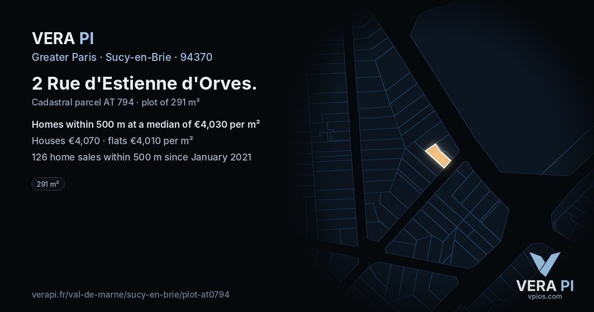 2 Rue d'Estienne d'Orves, Sucy-en-Brie at night – the plot lit, the parcels around coloured by the prices near them