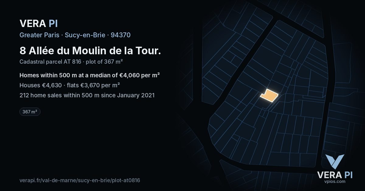 8 Allée du Moulin de la Tour, Sucy-en-Brie at night – the plot lit, the parcels around coloured by the prices near them
