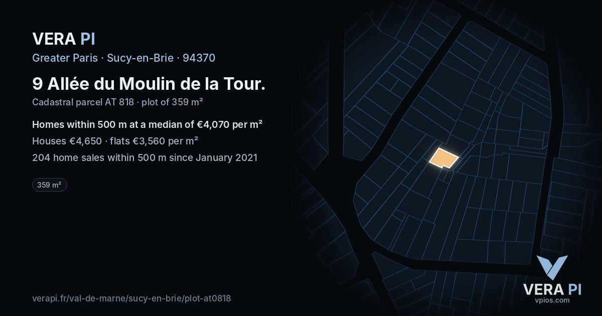 9 Allée du Moulin de la Tour, Sucy-en-Brie at night – the plot lit, the parcels around coloured by the prices near them