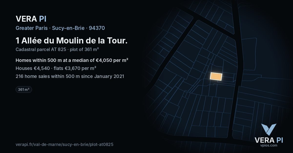1 Allée du Moulin de la Tour, Sucy-en-Brie at night – the plot lit, the parcels around coloured by the prices near them