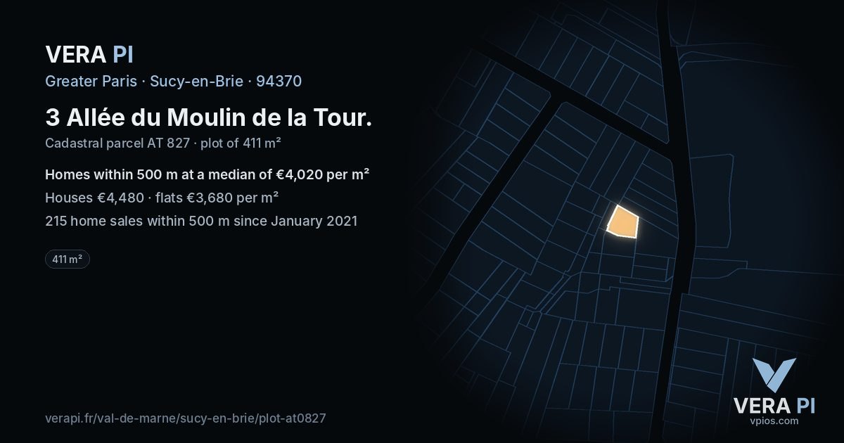 3 Allée du Moulin de la Tour, Sucy-en-Brie at night – the plot lit, the parcels around coloured by the prices near them