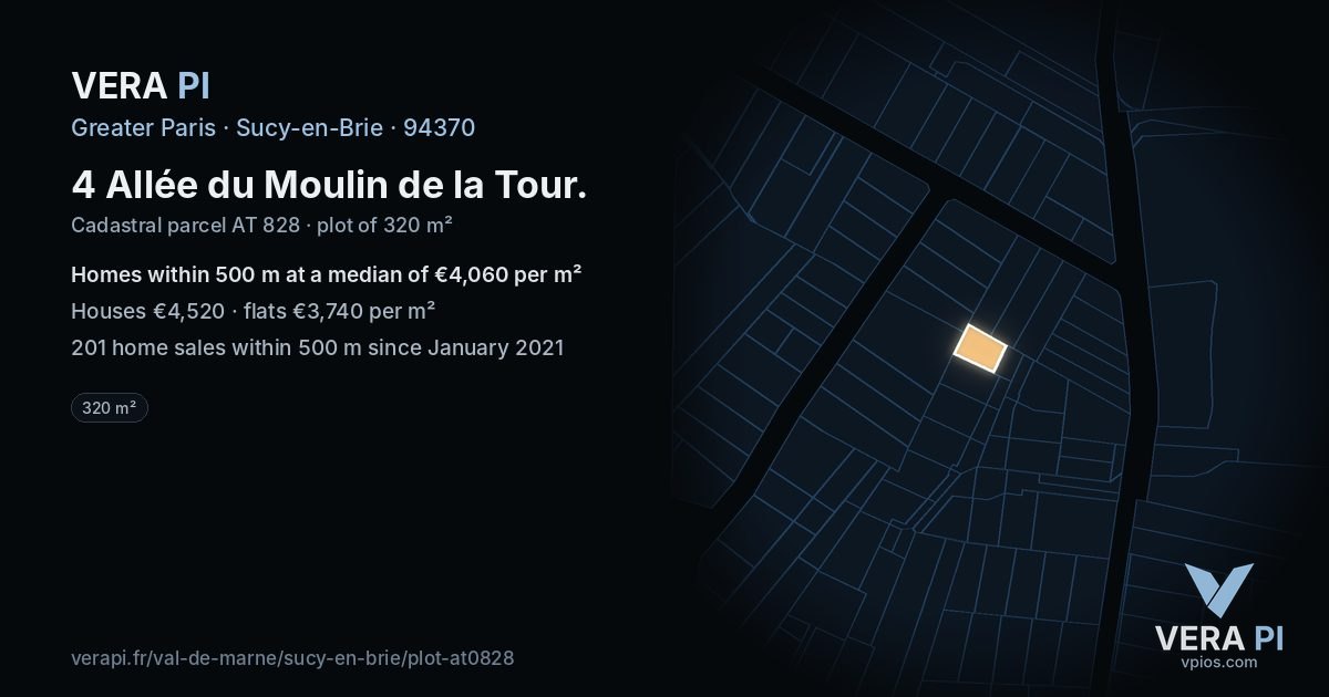 4 Allée du Moulin de la Tour, Sucy-en-Brie at night – the plot lit, the parcels around coloured by the prices near them