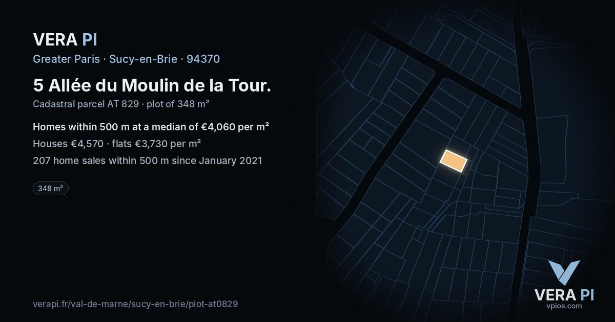 5 Allée du Moulin de la Tour, Sucy-en-Brie at night – the plot lit, the parcels around coloured by the prices near them