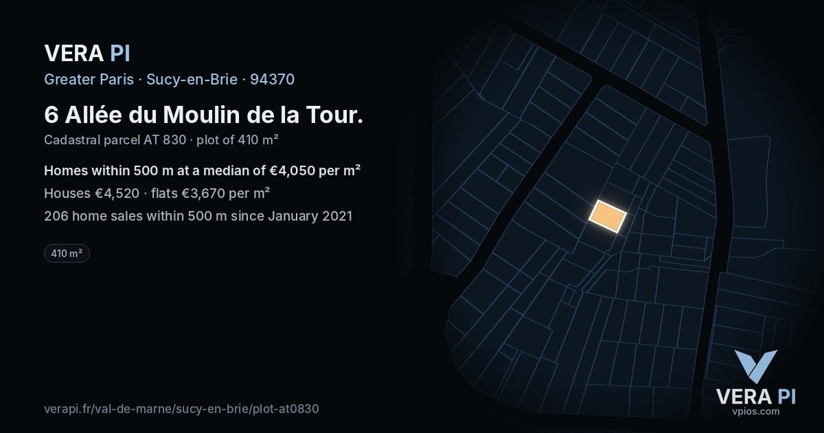 6 Allée du Moulin de la Tour, Sucy-en-Brie at night – the plot lit, the parcels around coloured by the prices near them