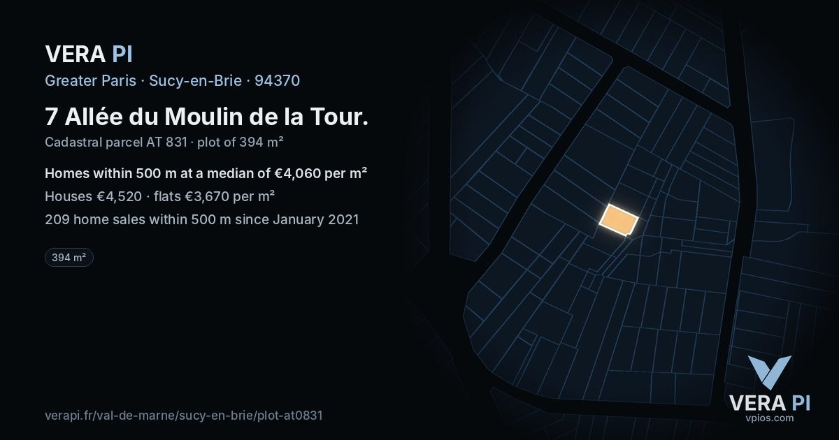 7 Allée du Moulin de la Tour, Sucy-en-Brie at night – the plot lit, the parcels around coloured by the prices near them