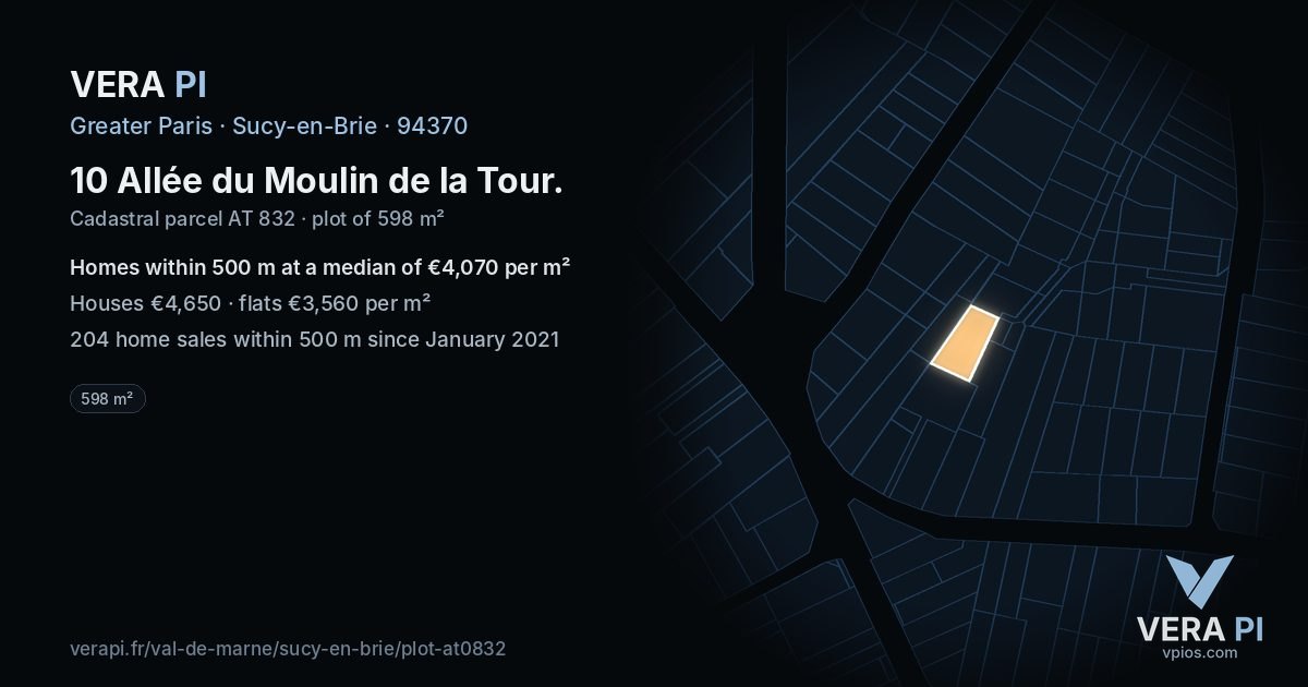 10 Allée du Moulin de la Tour, Sucy-en-Brie at night – the plot lit, the parcels around coloured by the prices near them