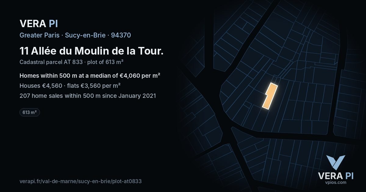 11 Allée du Moulin de la Tour, Sucy-en-Brie at night – the plot lit, the parcels around coloured by the prices near them