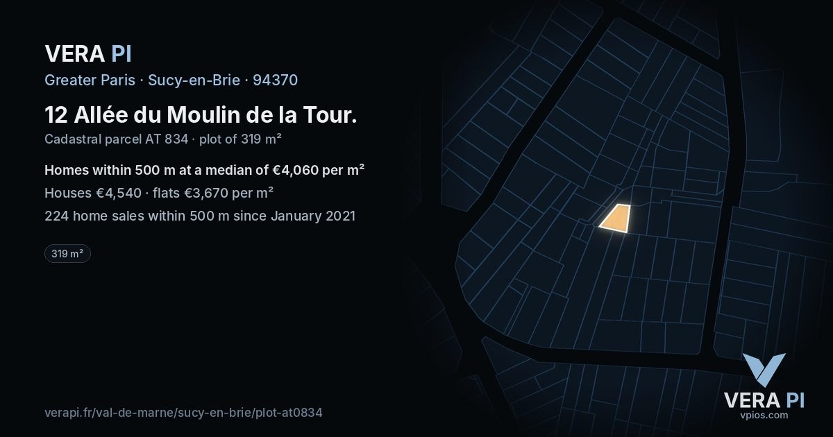 12 Allée du Moulin de la Tour, Sucy-en-Brie at night – the plot lit, the parcels around coloured by the prices near them