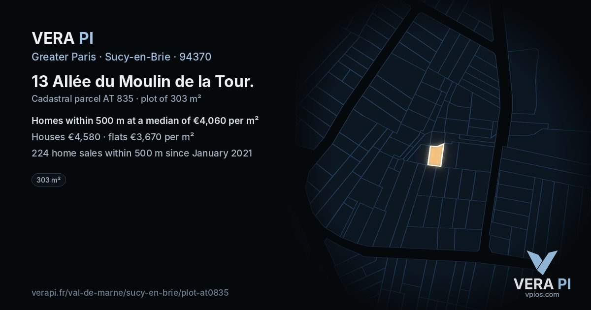 13 Allée du Moulin de la Tour, Sucy-en-Brie at night – the plot lit, the parcels around coloured by the prices near them