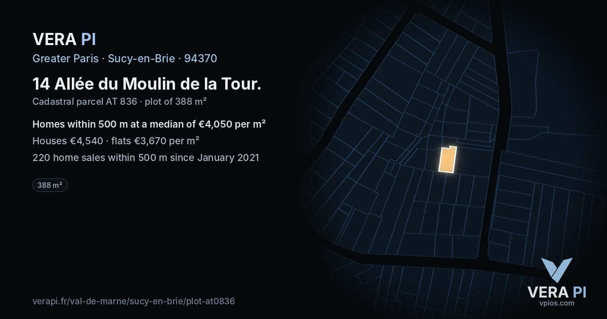 14 Allée du Moulin de la Tour, Sucy-en-Brie at night – the plot lit, the parcels around coloured by the prices near them