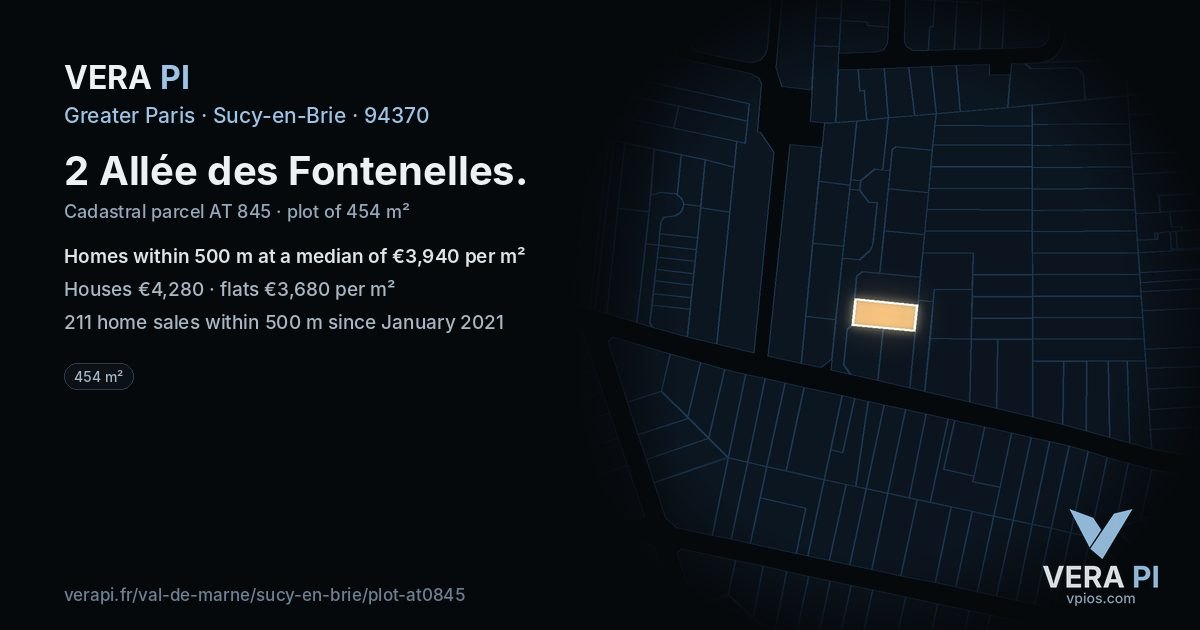 2 Allée des Fontenelles, Sucy-en-Brie at night – the plot lit, the parcels around coloured by the prices near them