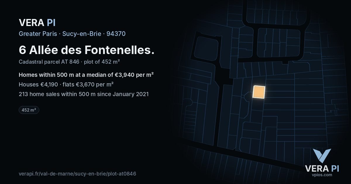 6 Allée des Fontenelles, Sucy-en-Brie at night – the plot lit, the parcels around coloured by the prices near them