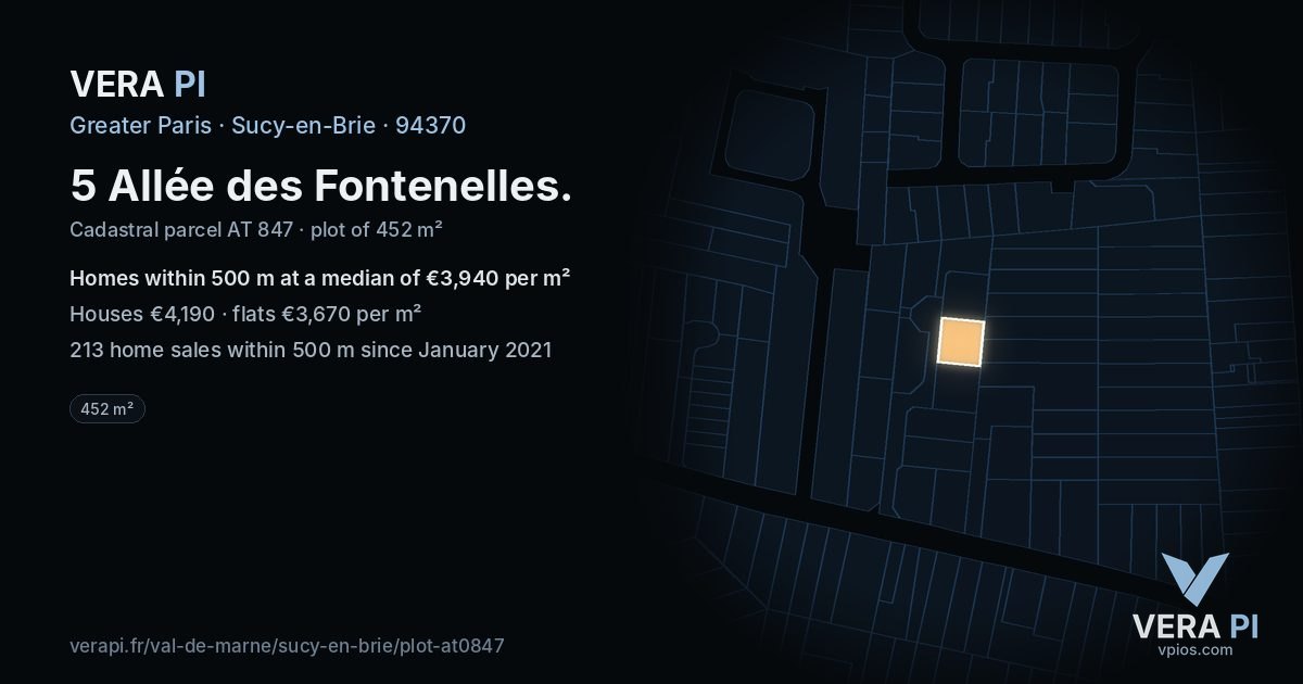 5 Allée des Fontenelles, Sucy-en-Brie at night – the plot lit, the parcels around coloured by the prices near them