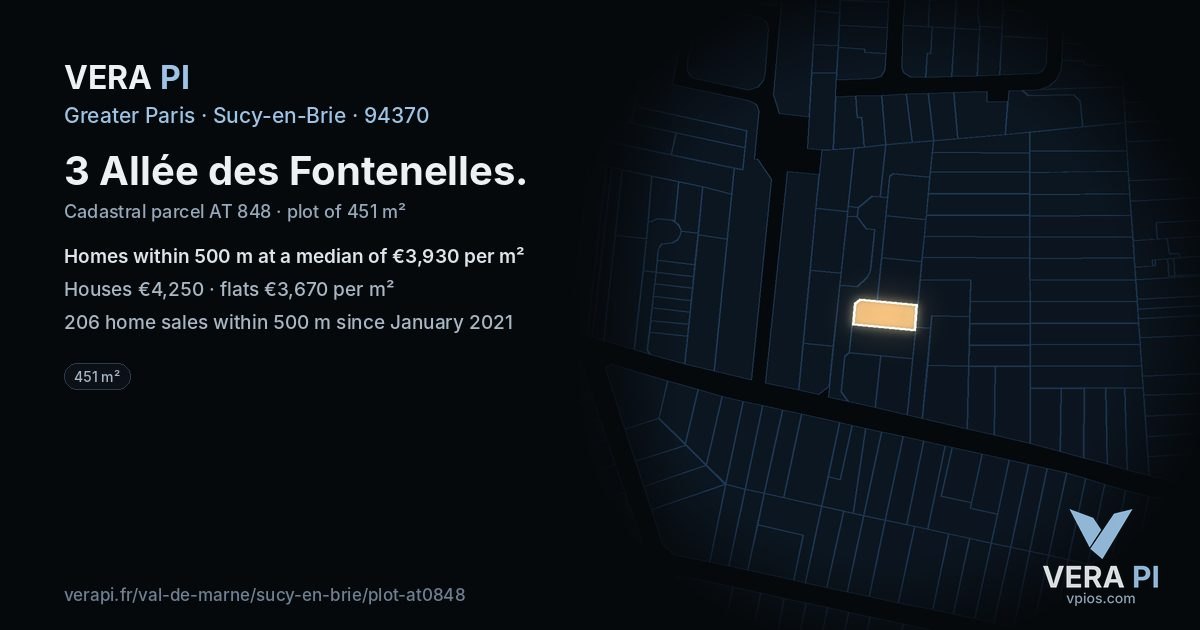 3 Allée des Fontenelles, Sucy-en-Brie at night – the plot lit, the parcels around coloured by the prices near them