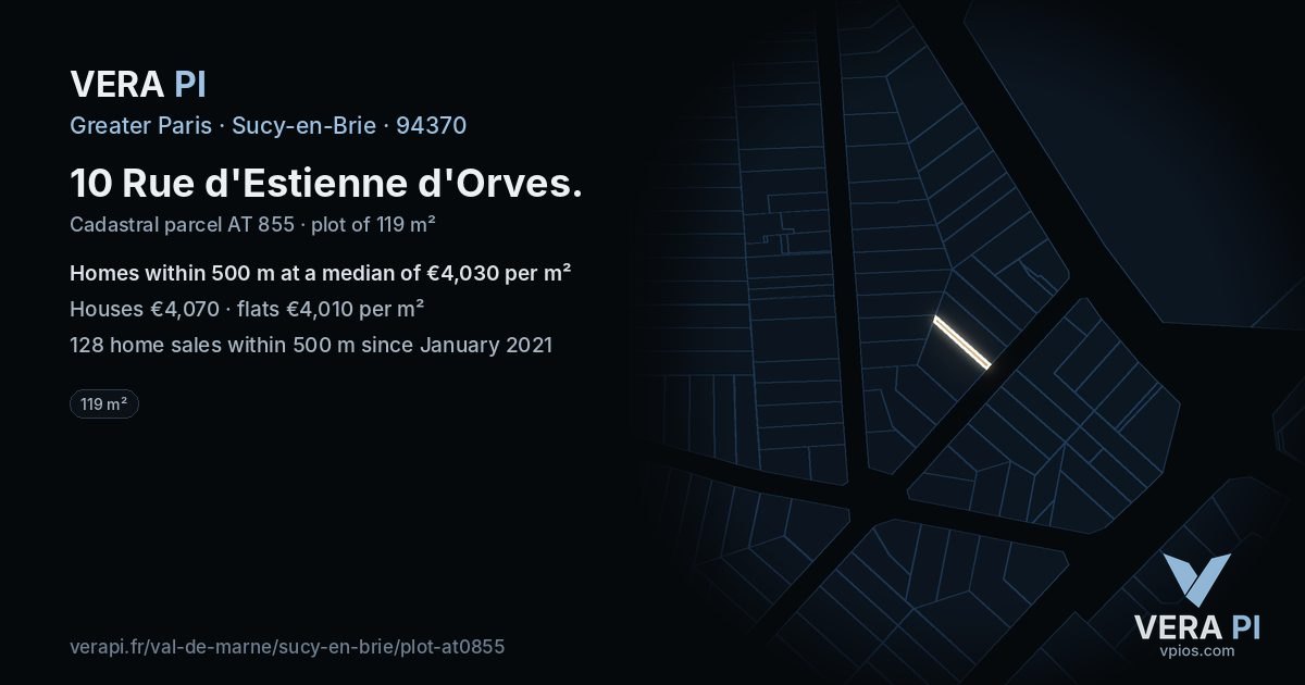 10 Rue d'Estienne d'Orves, Sucy-en-Brie at night – the plot lit, the parcels around coloured by the prices near them
