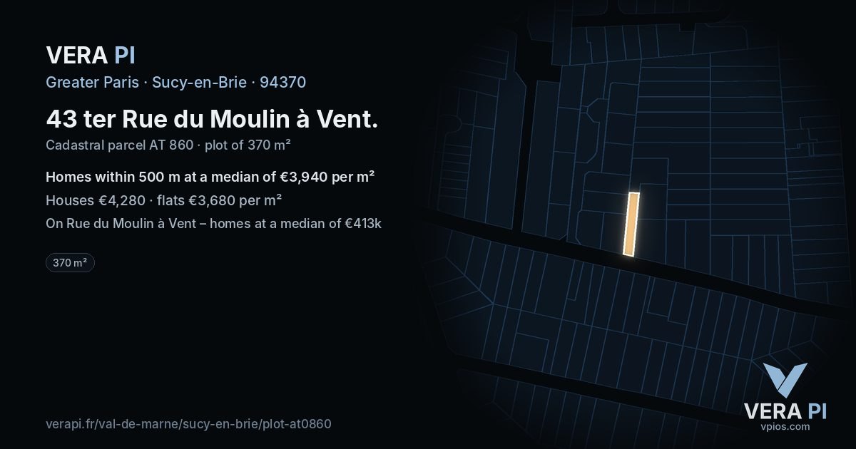 43 ter Rue du Moulin à Vent, Sucy-en-Brie at night – the plot lit, the parcels around coloured by the prices near them