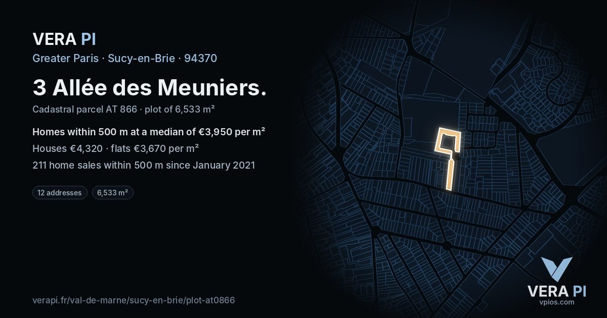 3 Allée des Meuniers, Sucy-en-Brie at night – the plot lit, the parcels around coloured by the prices near them