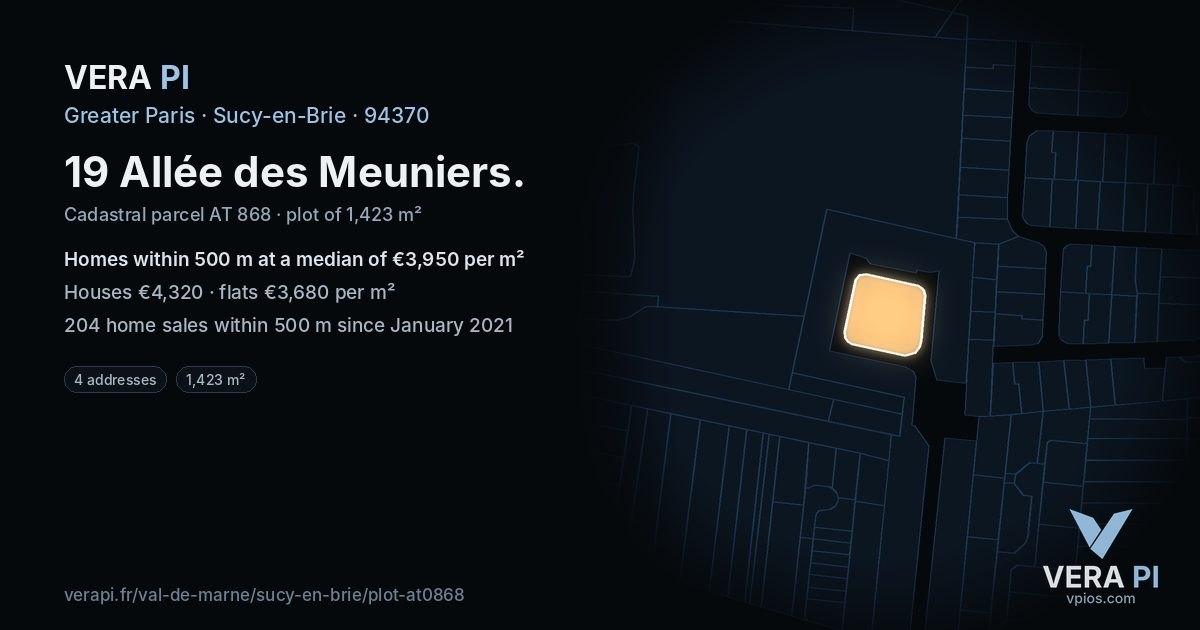 19 Allée des Meuniers, Sucy-en-Brie at night – the plot lit, the parcels around coloured by the prices near them