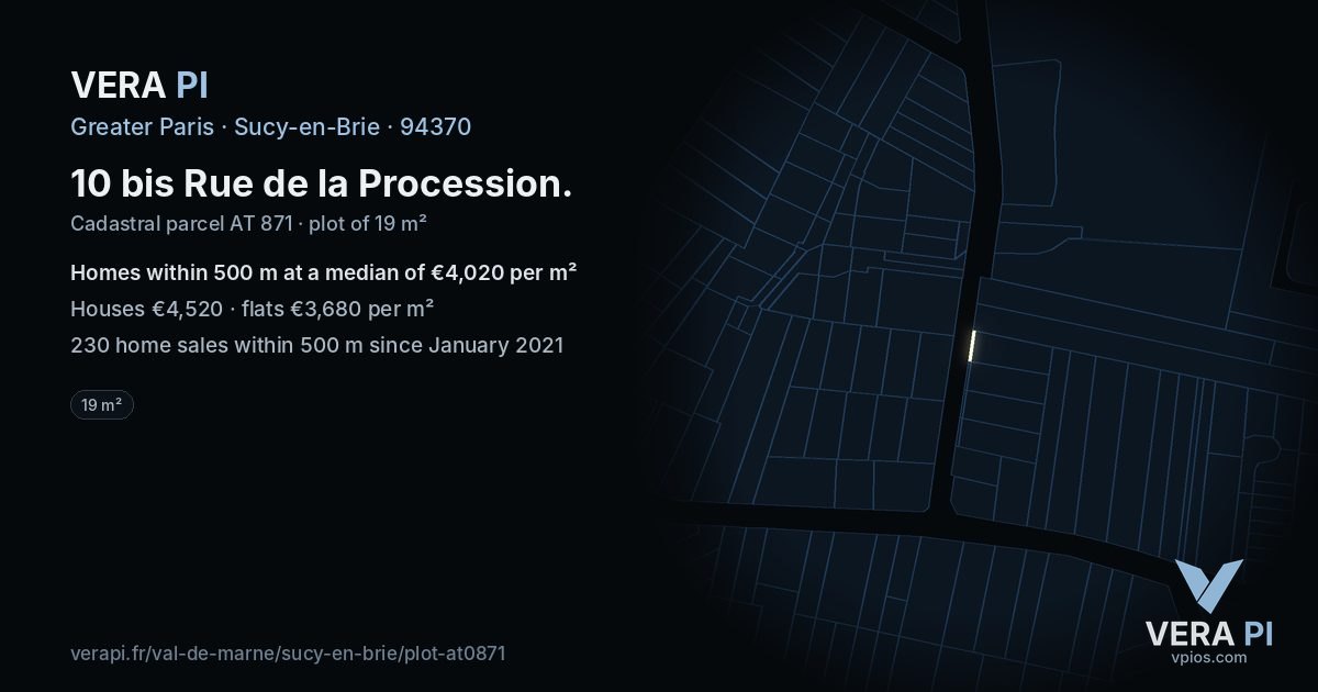 10 bis Rue de la Procession, Sucy-en-Brie at night – the plot lit, the parcels around coloured by the prices near them