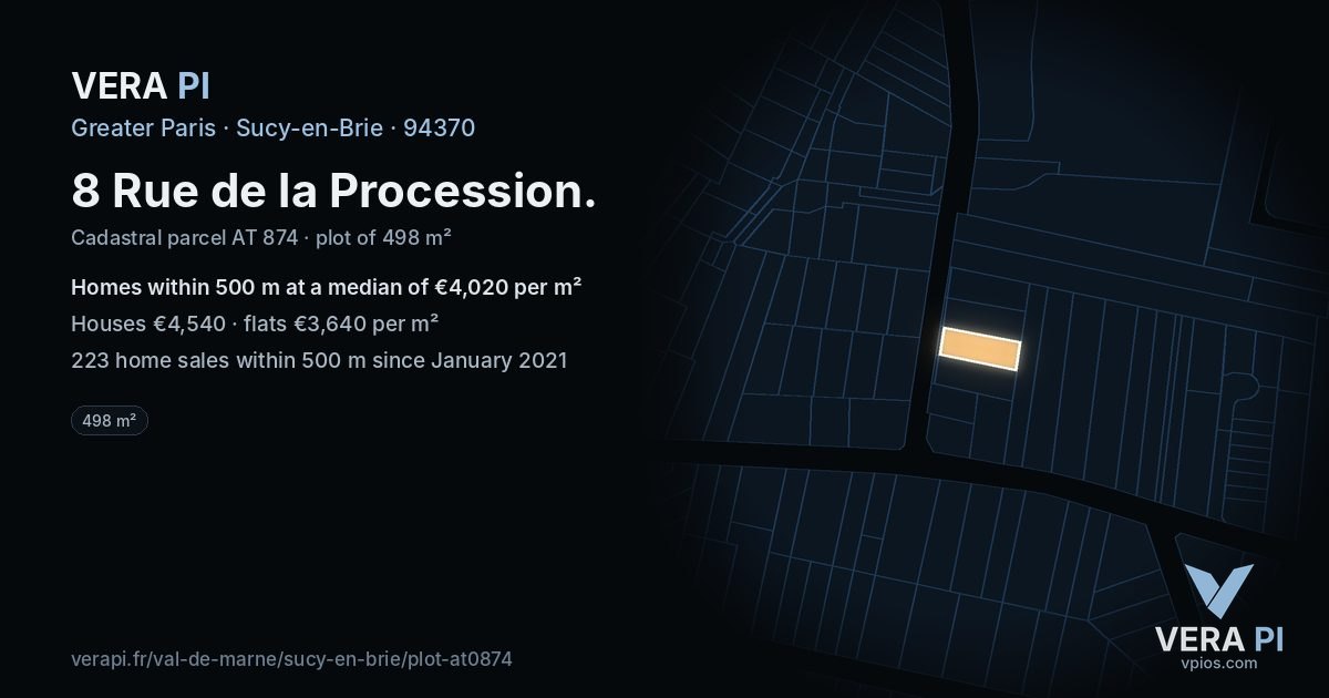 8 Rue de la Procession, Sucy-en-Brie at night – the plot lit, the parcels around coloured by the prices near them