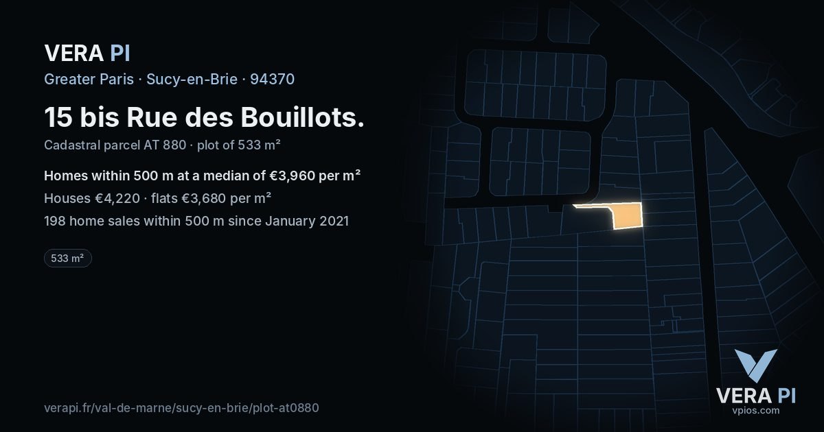 15 bis Rue des Bouillots, Sucy-en-Brie at night – the plot lit, the parcels around coloured by the prices near them