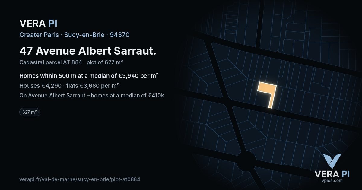 47 Avenue Albert Sarraut, Sucy-en-Brie at night – the plot lit, the parcels around coloured by the prices near them