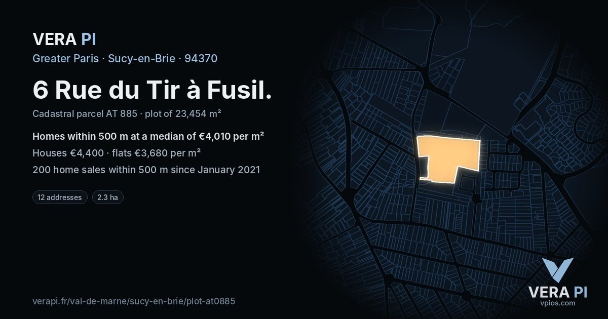 6 Rue du Tir à Fusil, Sucy-en-Brie at night – the plot lit, the parcels around coloured by the prices near them