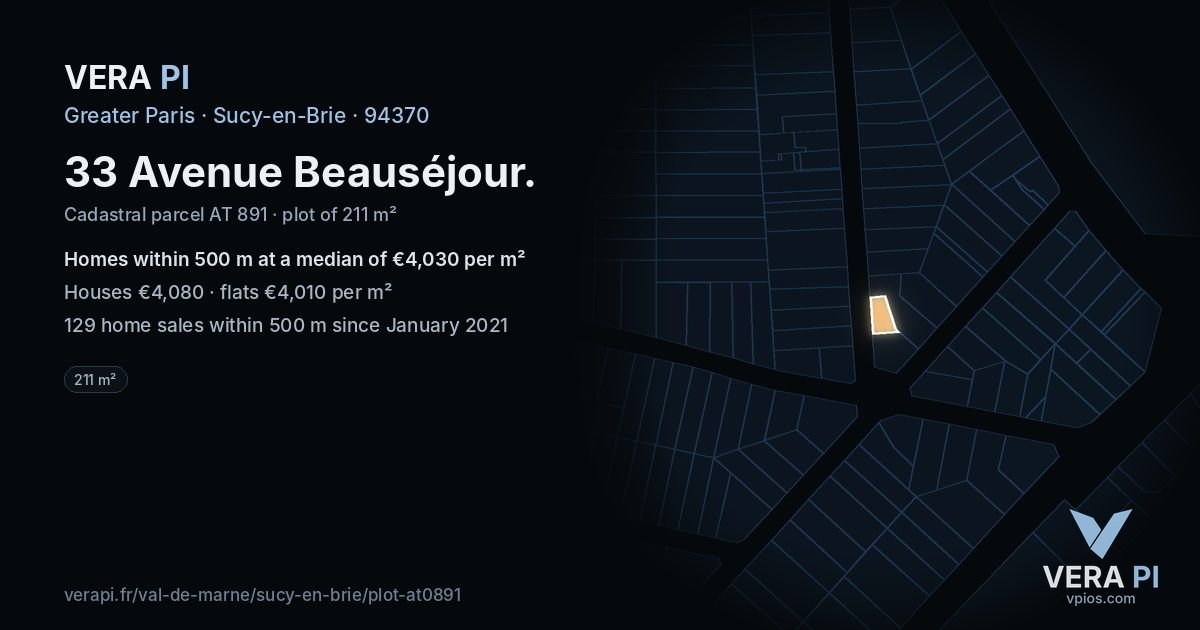 33 Avenue Beauséjour, Sucy-en-Brie at night – the plot lit, the parcels around coloured by the prices near them
