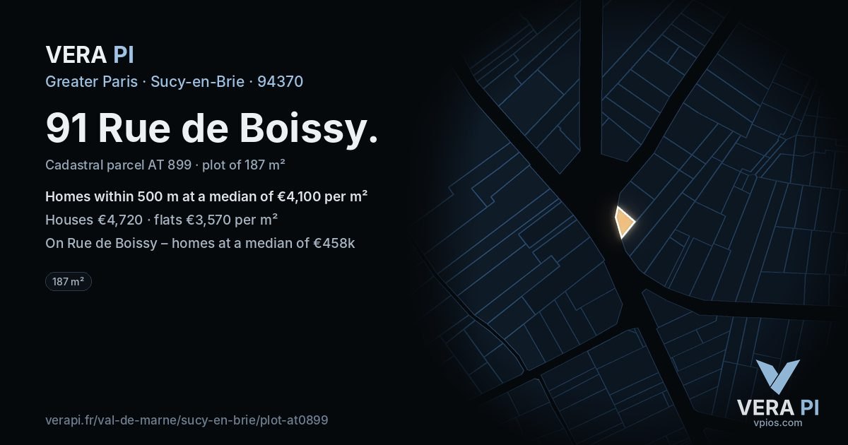 91 Rue de Boissy, Sucy-en-Brie at night – the plot lit, the parcels around coloured by the prices near them