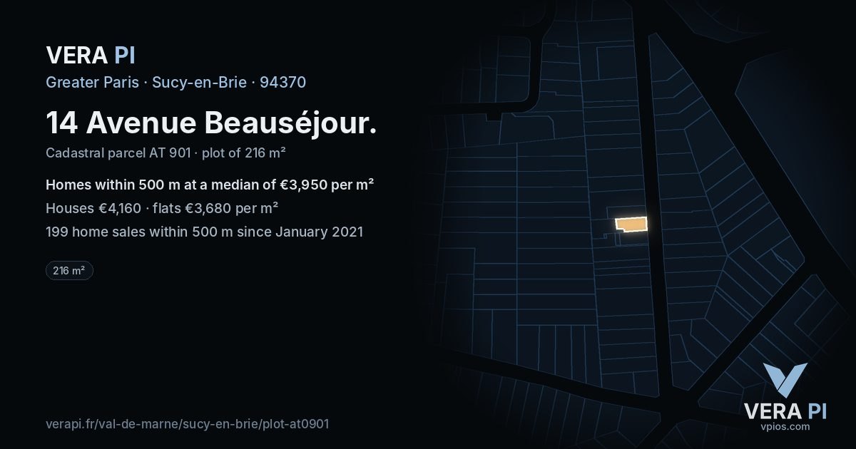 14 Avenue Beauséjour, Sucy-en-Brie at night – the plot lit, the parcels around coloured by the prices near them