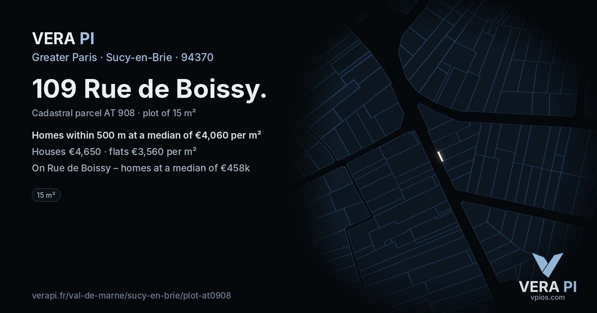 109 Rue de Boissy, Sucy-en-Brie at night – the plot lit, the parcels around coloured by the prices near them