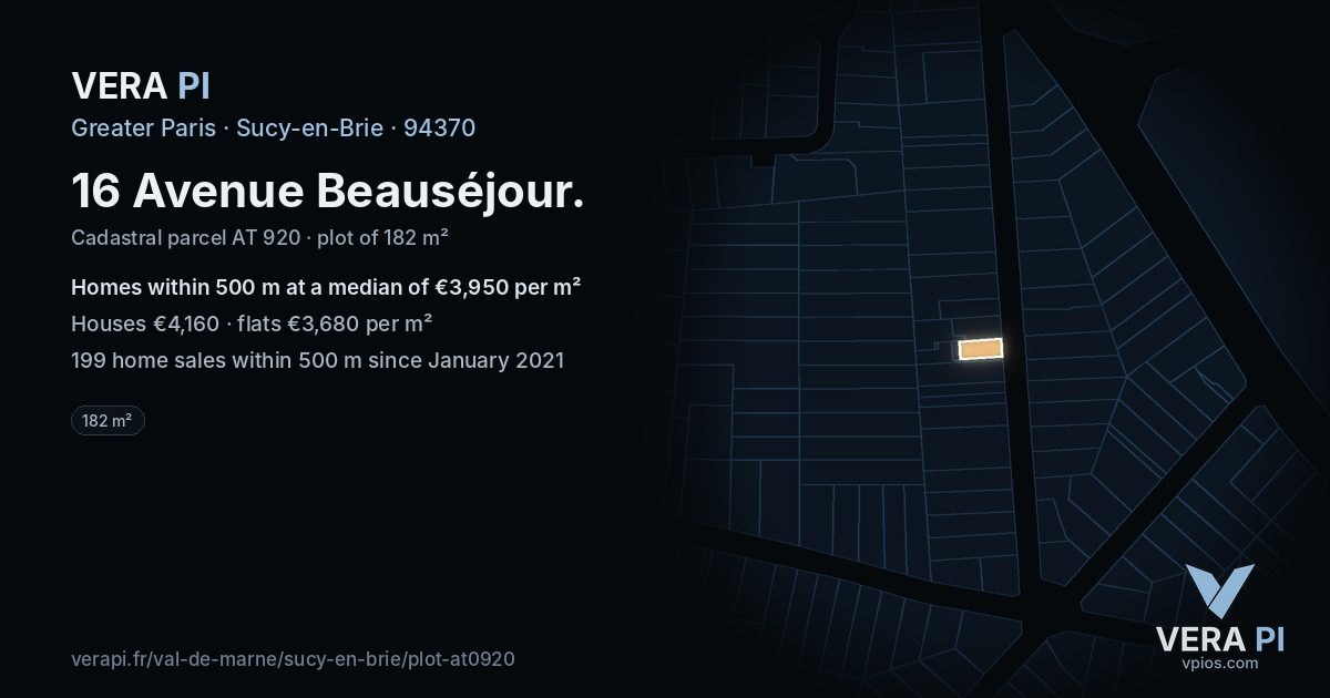 16 Avenue Beauséjour, Sucy-en-Brie at night – the plot lit, the parcels around coloured by the prices near them