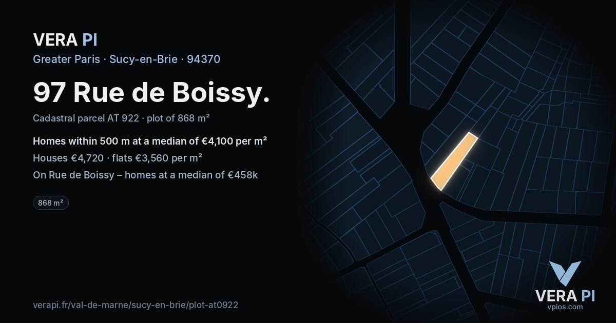 97 Rue de Boissy, Sucy-en-Brie at night – the plot lit, the parcels around coloured by the prices near them