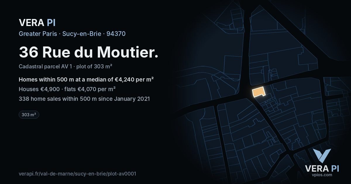 36 Rue du Moutier, Sucy-en-Brie at night – the plot lit, the parcels around coloured by the prices near them