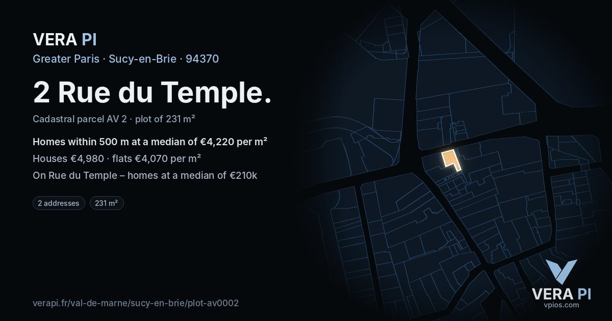 2 Rue du Temple, Sucy-en-Brie at night – the plot lit, the parcels around coloured by the prices near them