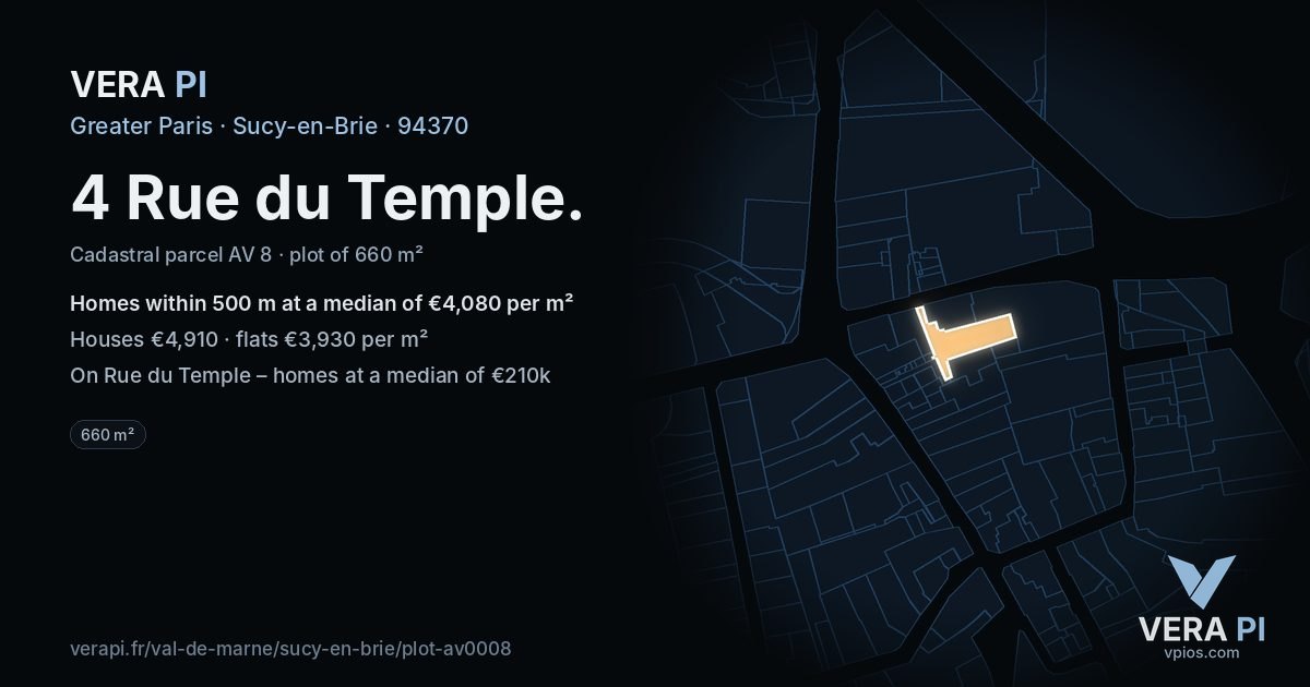 4 Rue du Temple, Sucy-en-Brie at night – the plot lit, the parcels around coloured by the prices near them